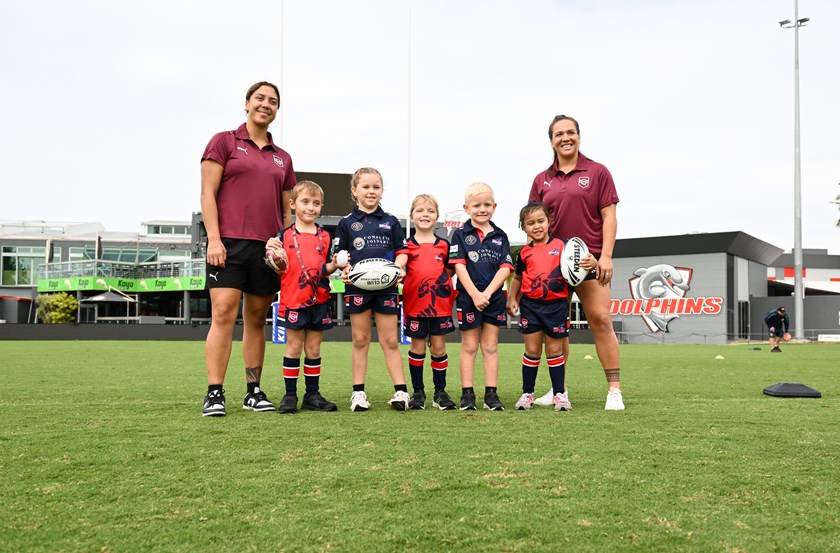 Shannon Mato and Evania Pelite at the Queensland club rugby league participation announcement.