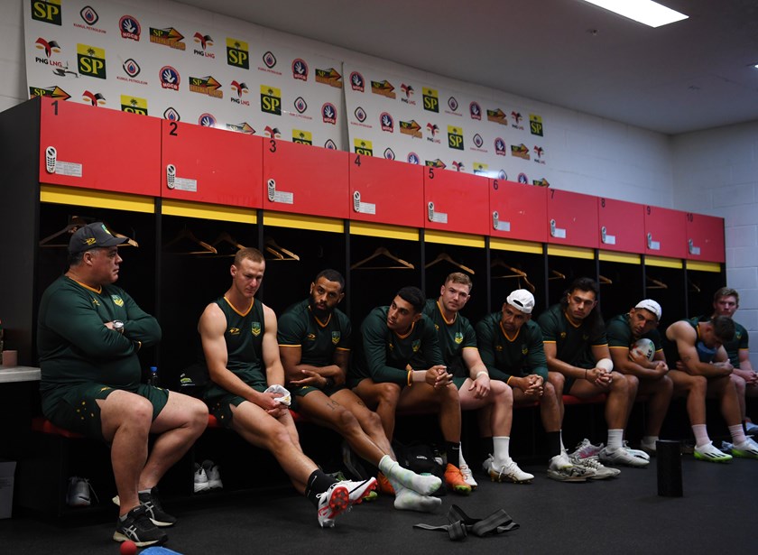 Coach Mal Meninga addresses his players during the Australian men's Prime Minister's XIII captain's run.