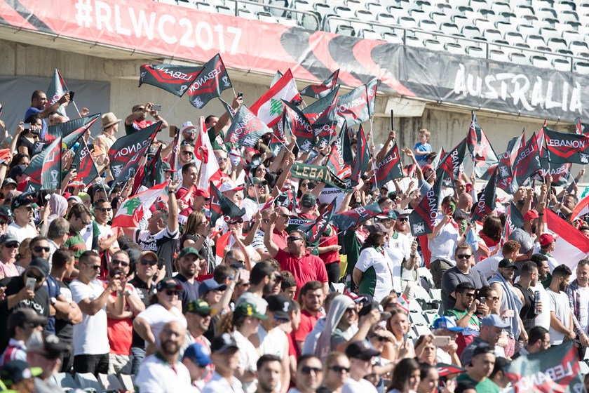Lebanon fans cheer during the Rugby League World Cup in 2017.