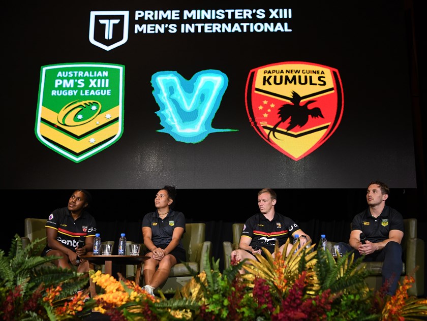 Belinda Gwasamun, Tallisha Harden, Kyle Laybutt and Cameron Murray on stage at the launch dinner for the Prime Minister's 13 matches in Port Moresby.